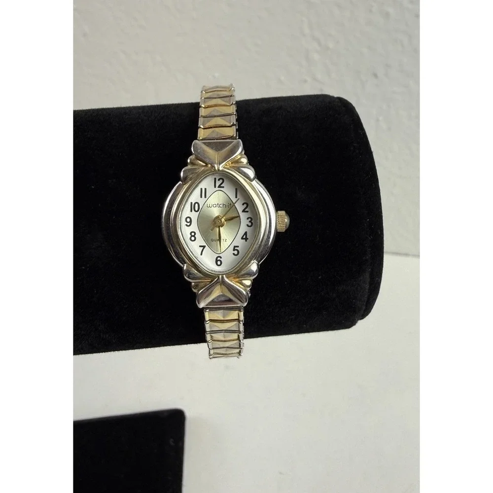 Watch It 90s Vintage Gold Silver 2 Tone Oval Quartz Stretch Band Bracelet Watch